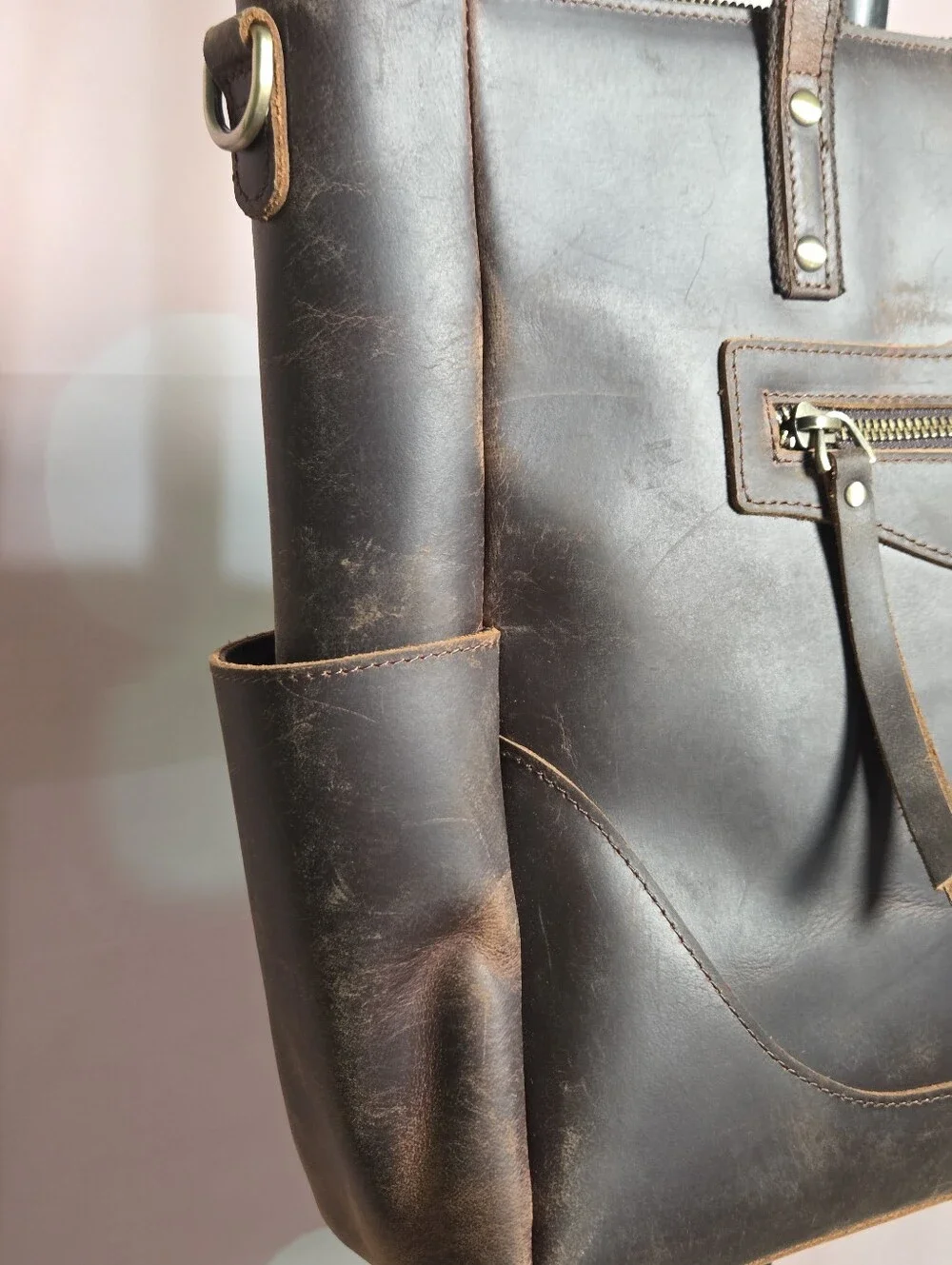 Brown Leather S Zone Tote Bag - Classic Work & Travel Carryall